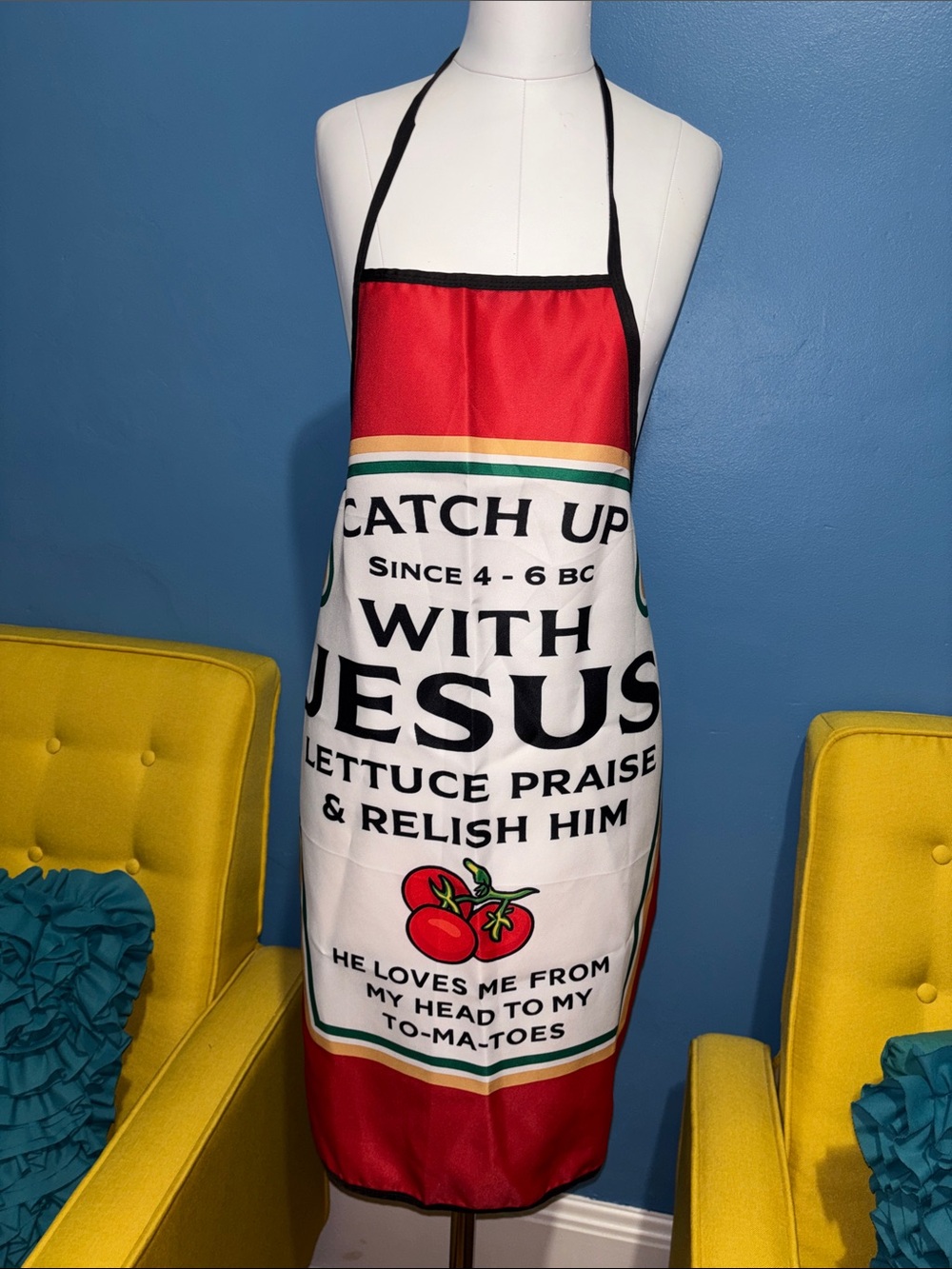Novelty Red Tomato Prayer Apron with Religious Message